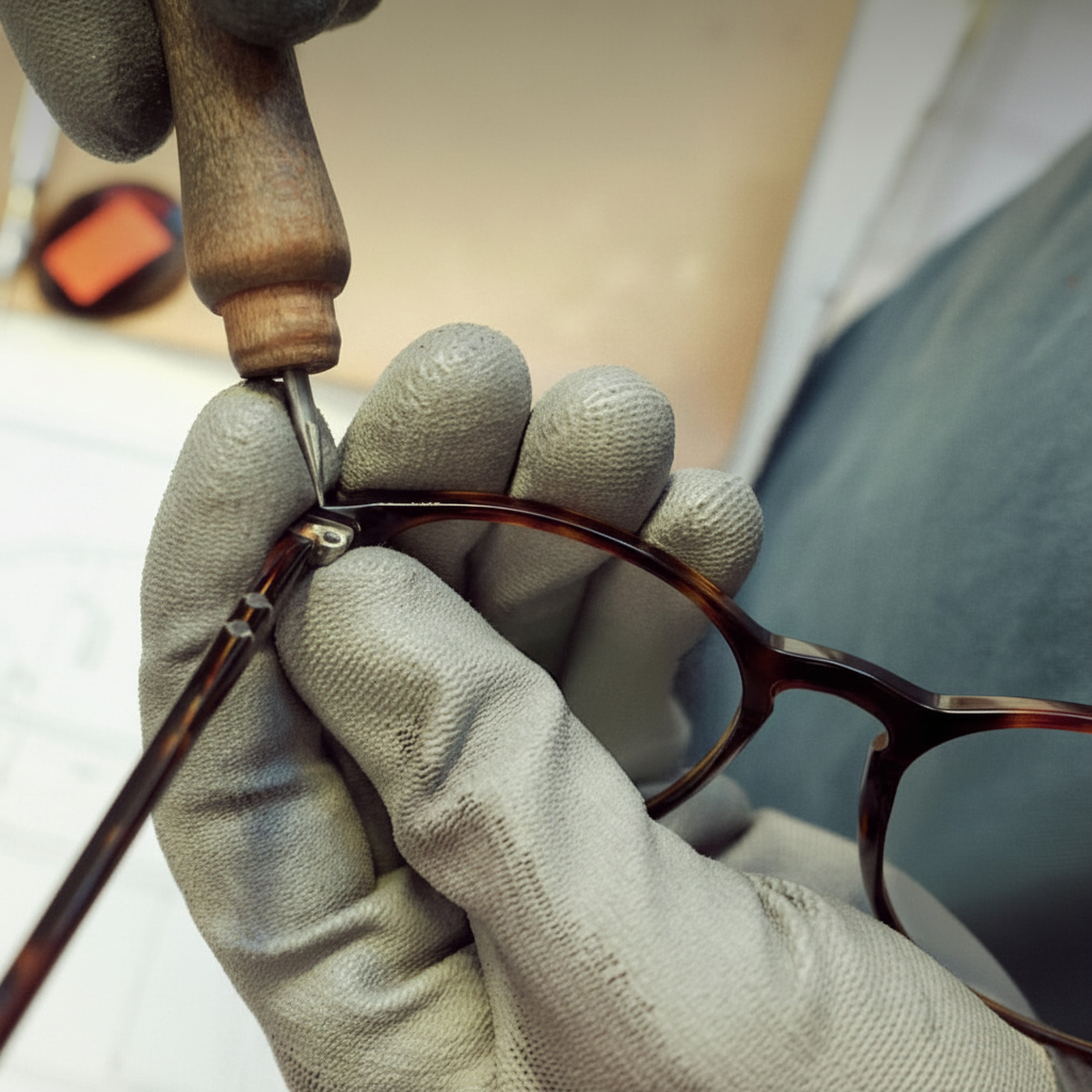 Artisan crafting tortoiseshell eyeglass frame